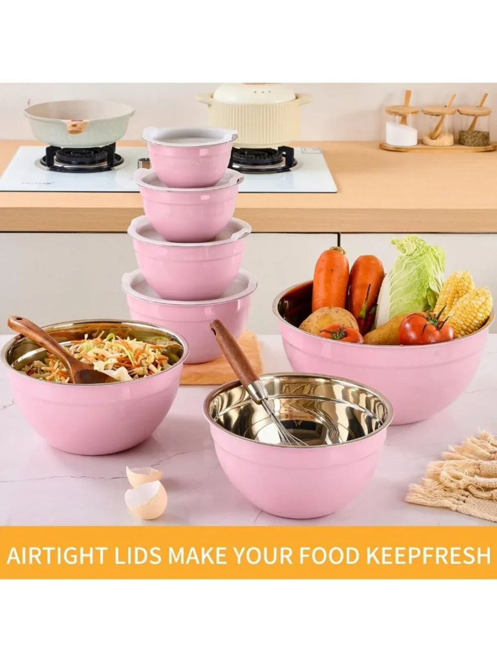 7-Piece Pink Nesting Mixing Bowls Set with Airtight Lids - Ideal for Baking